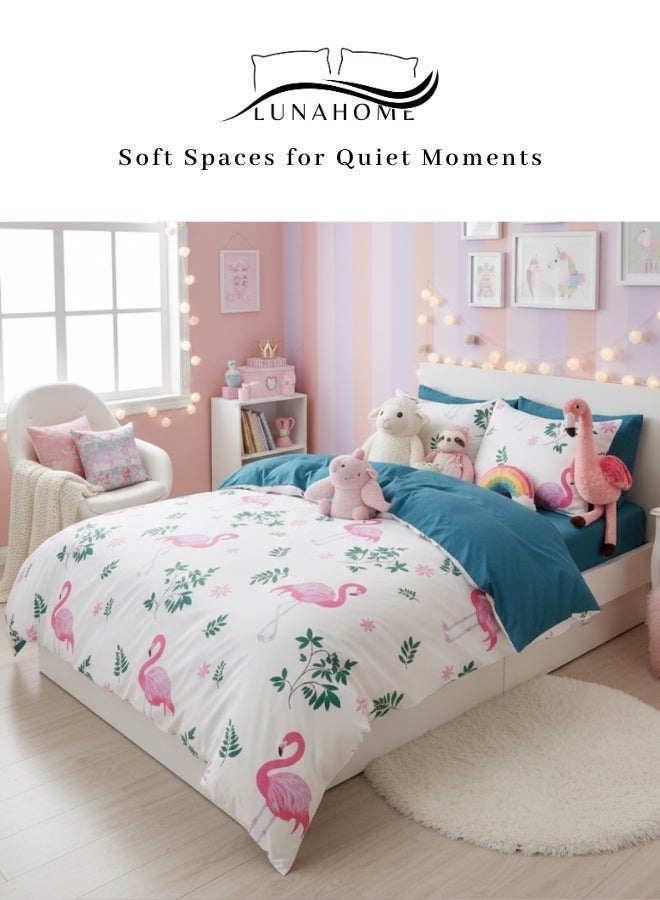 لونا هوم مقاس واحد، غطاء لحاف مكون من 4 قطع - 160*210 سم.1 ورقة مزودة - 100*200+30 سم. 2 غطاء للوسائد - 50*75 سم. تصميم فلامنغو وردي مذهل على خلفية بيضاء مع لمسات من اللون الوردي. - Image 1